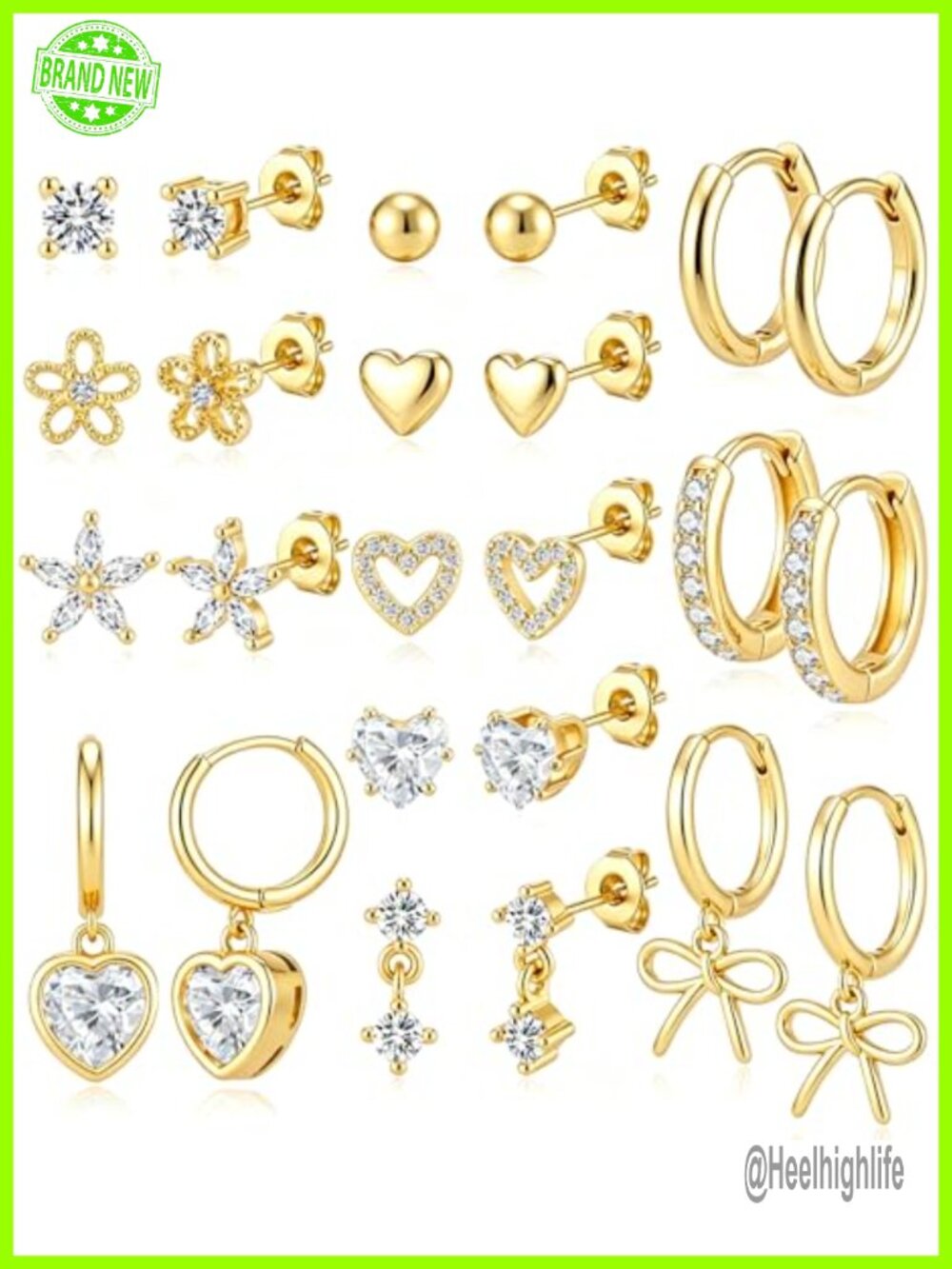 12 Pairs Stud Hoop Earrings Set for Women, 14K Gold Plated Huggie Hoops